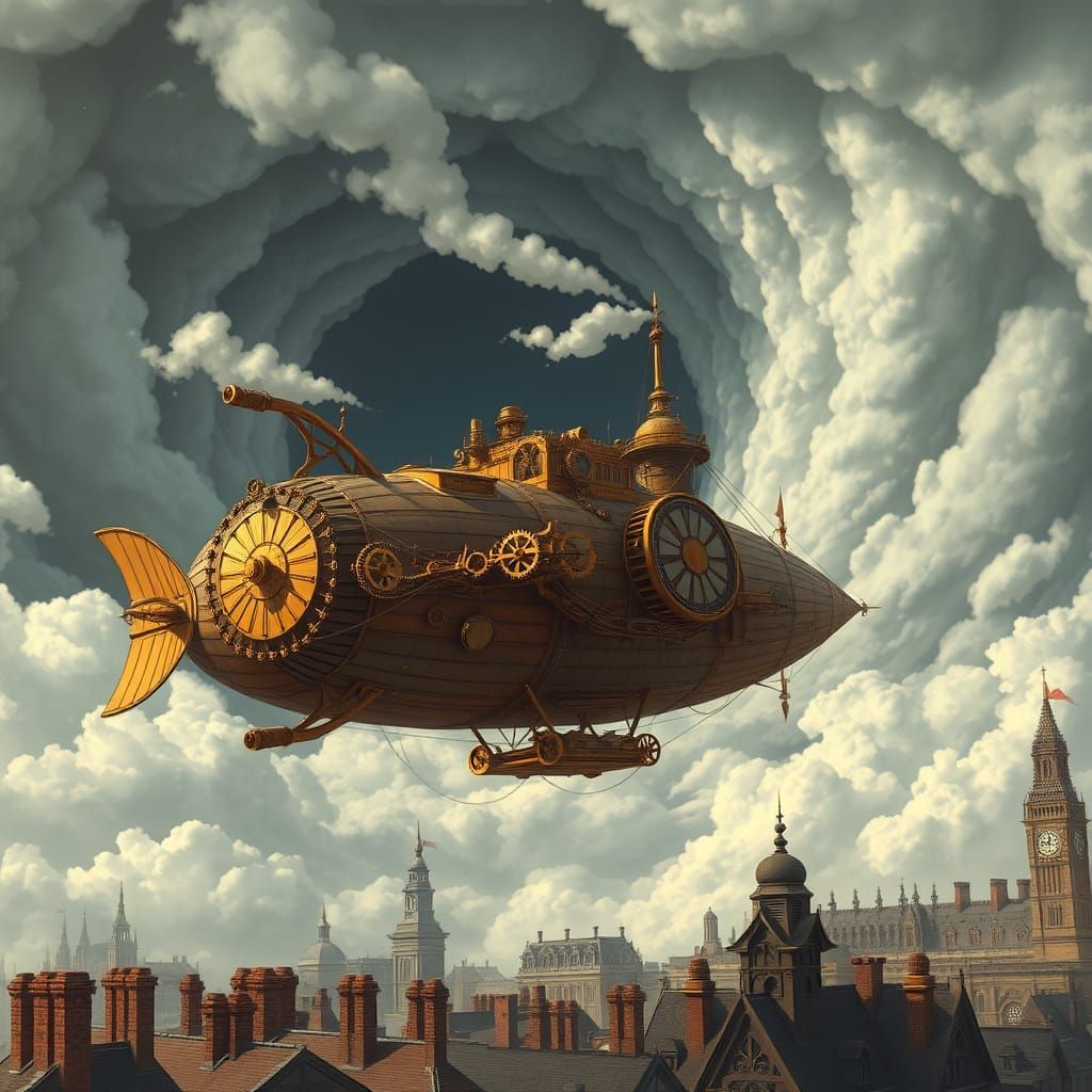 Steampunk Airship Over Victorian City in Art Deco Style