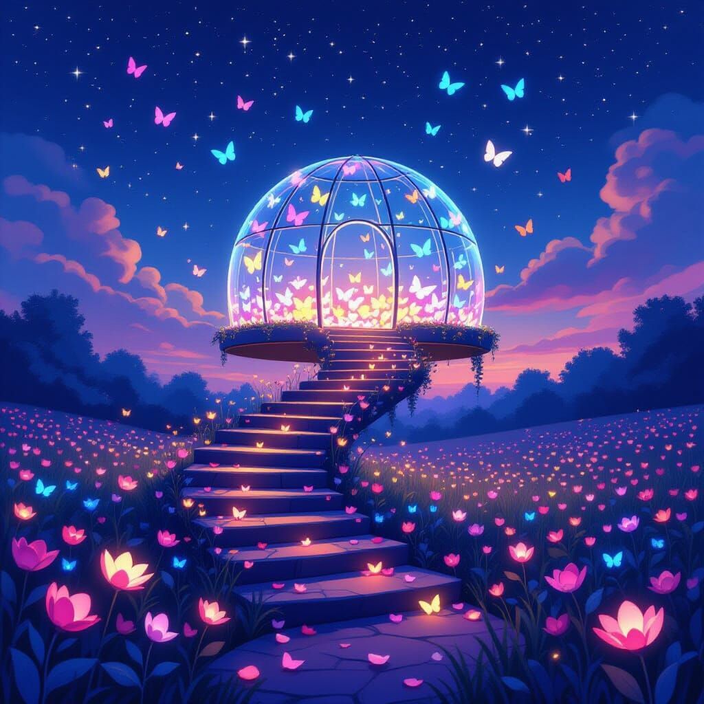Stairs to the floating glass dome where butterflies of every...