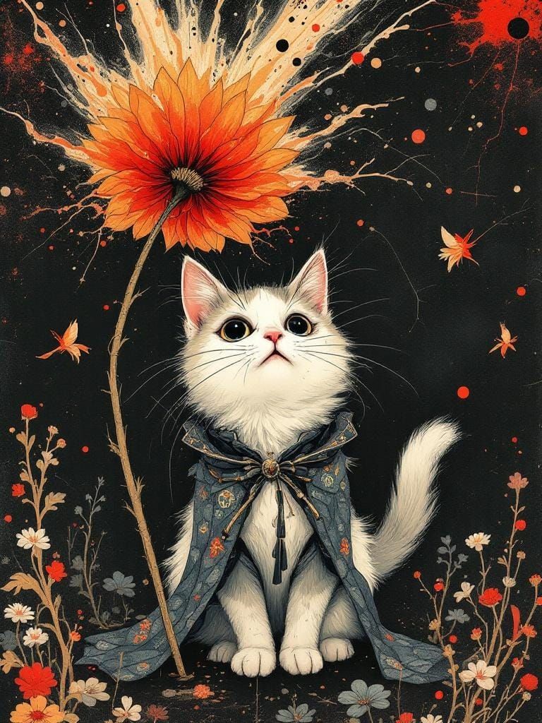 Cat Under Flower in Ukiyo-e Surrealist Style