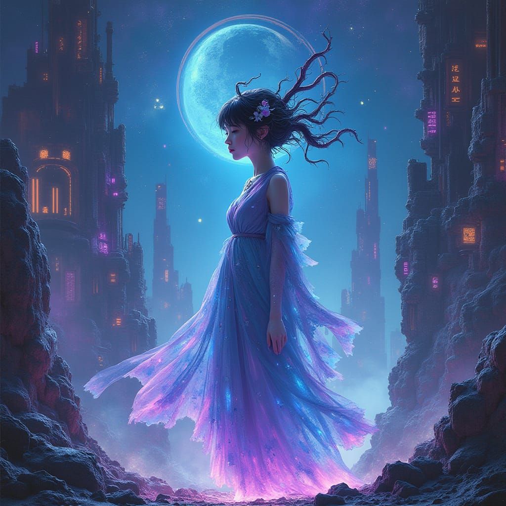 Celestial Being in Futuristic Japanese Cityscape