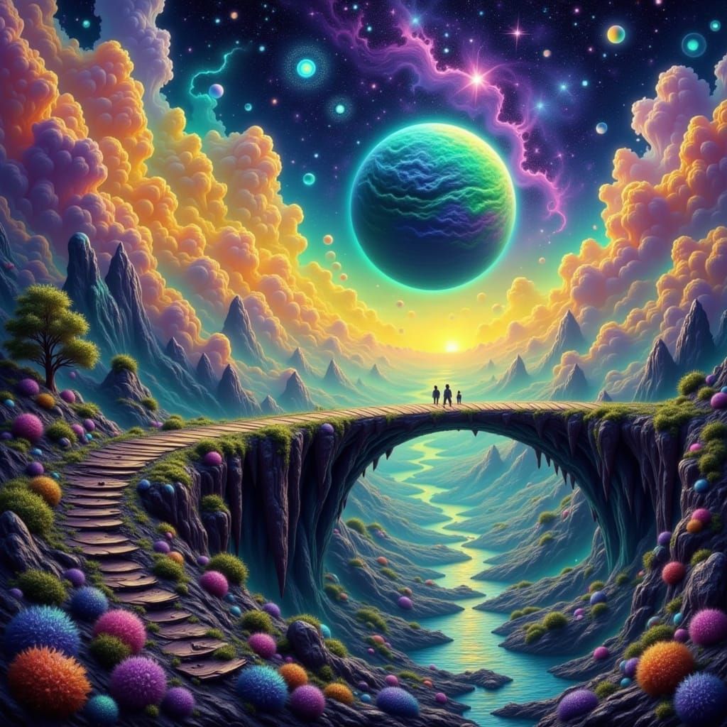 Cosmic Bridge Connecting Worlds: Surreal Impasto Art