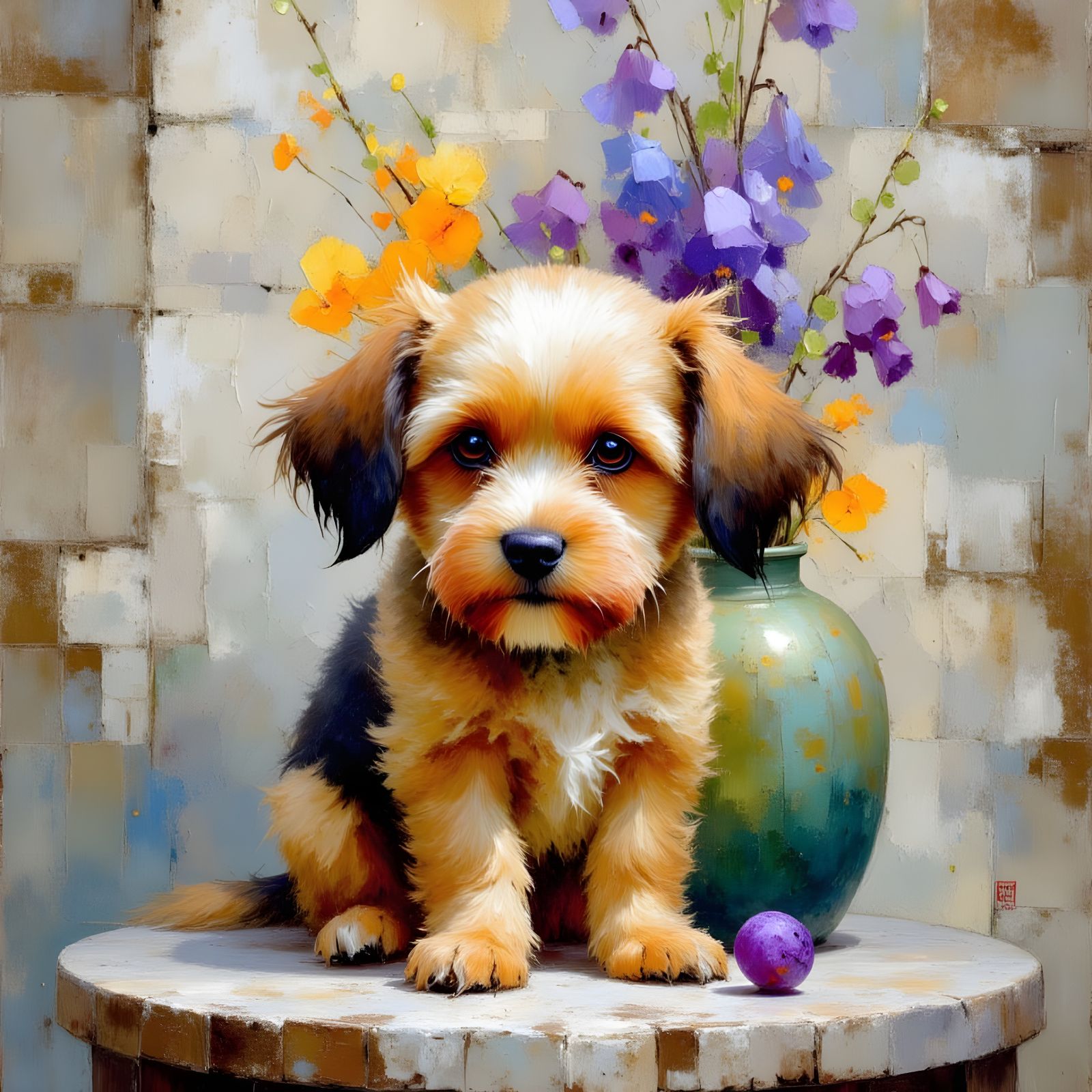 Elegant Fluffy Terrier Dog with Wisteria in Impressionist St...