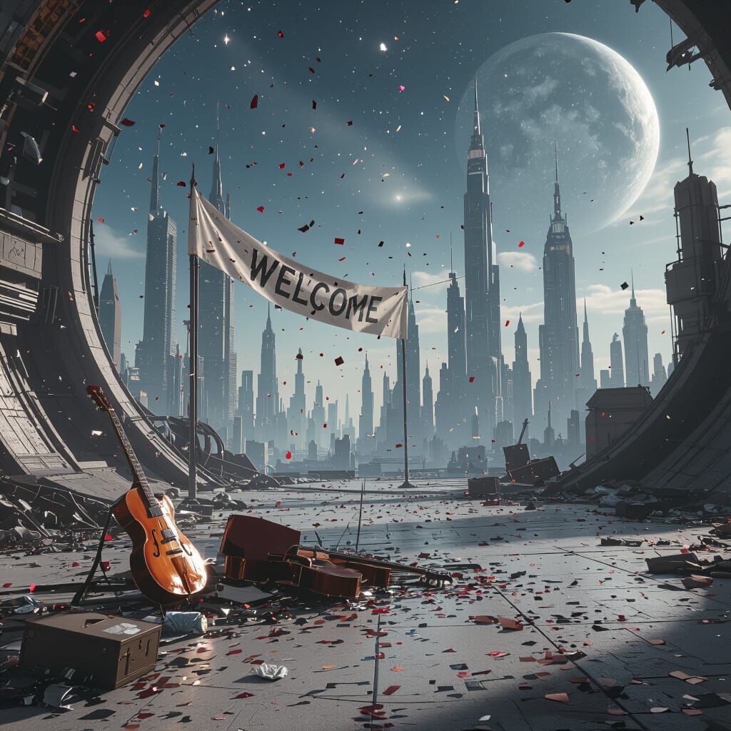 Abandoned Cosmic Celebration Site with Zero-G Confetti