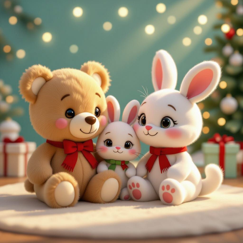 Cute Plush Animals Christmas Celebration in Soft Pastel Colo...