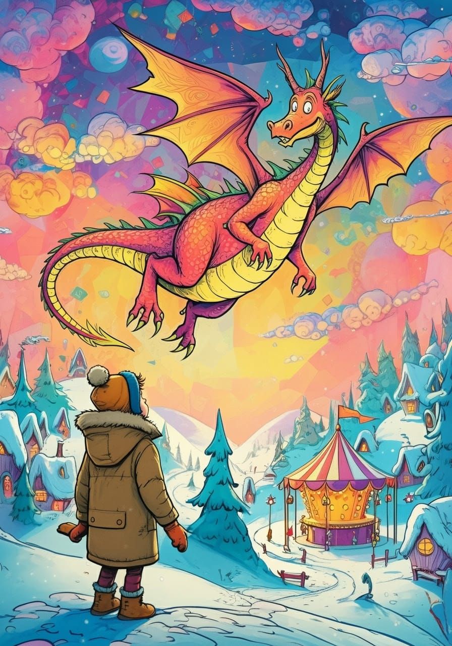Vibrant Winter Wonderland Scene in Whimsical Cartoon Style