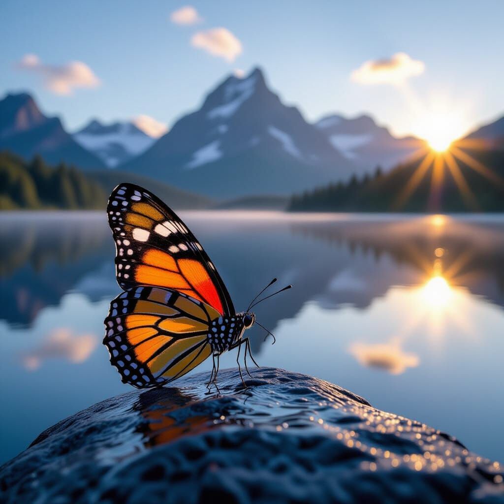 Butterfly on Rock Overlooking Lake at Sunrise in Hyperrealis...