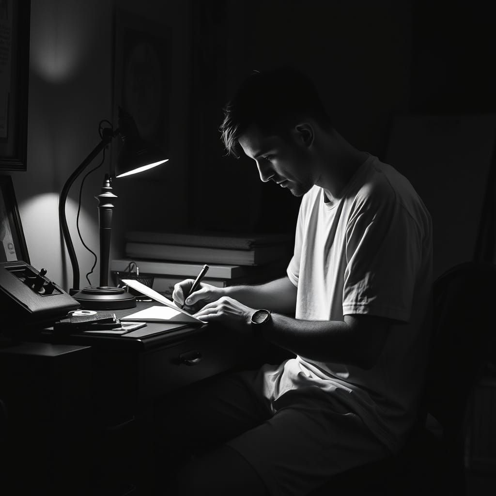 Dreary Memento Mori: Man Writing Letter in Low Light