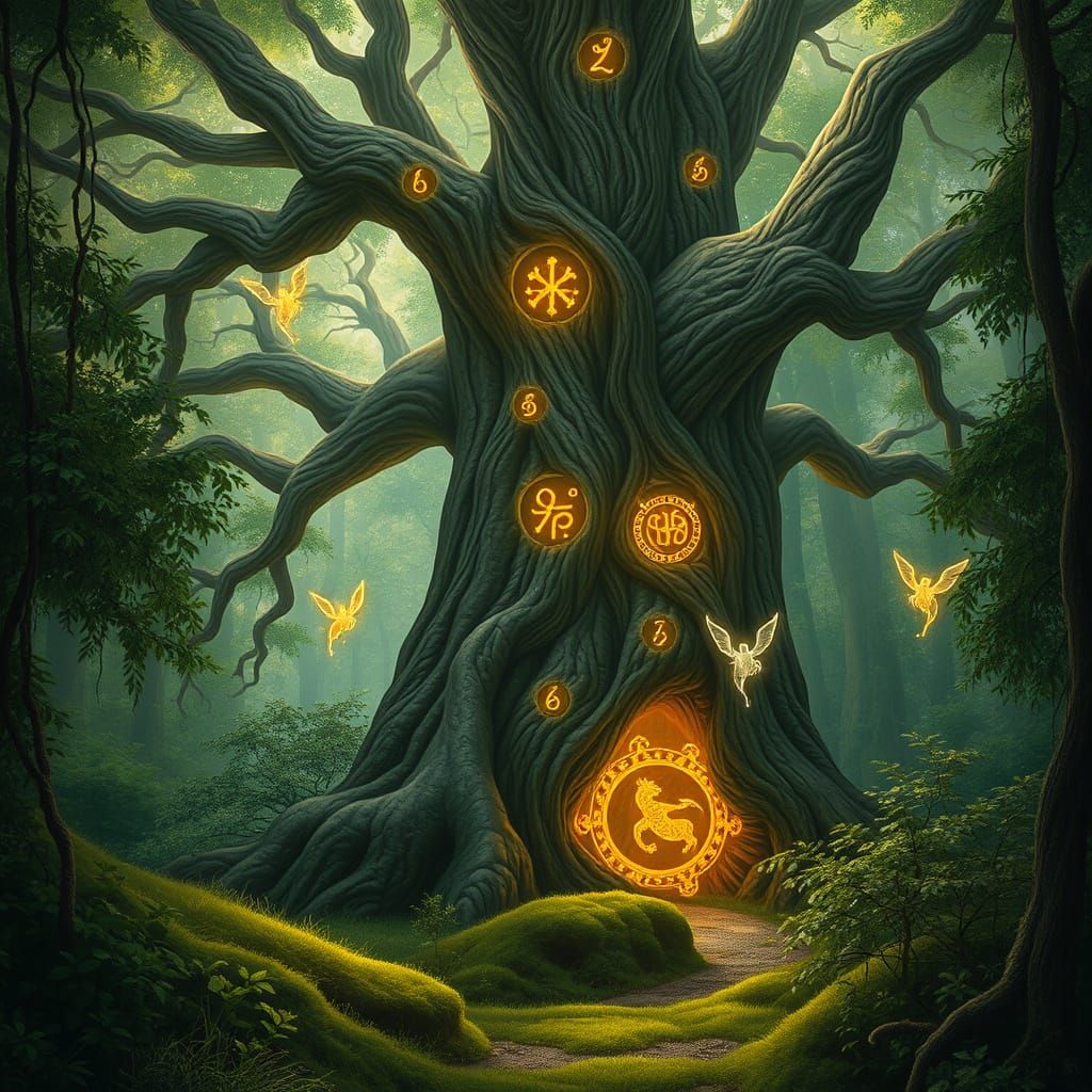 Ancient Tree with Glowing Runes in Enchanted Forest