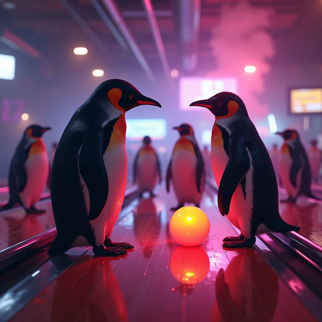 Retro-Futuristic Penguins Bowling in a Neon-Lit Alley