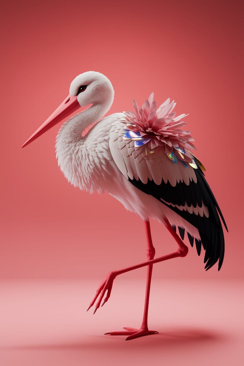 Mystical Surrealism: Stork Figure in Decorative Modernist St...
