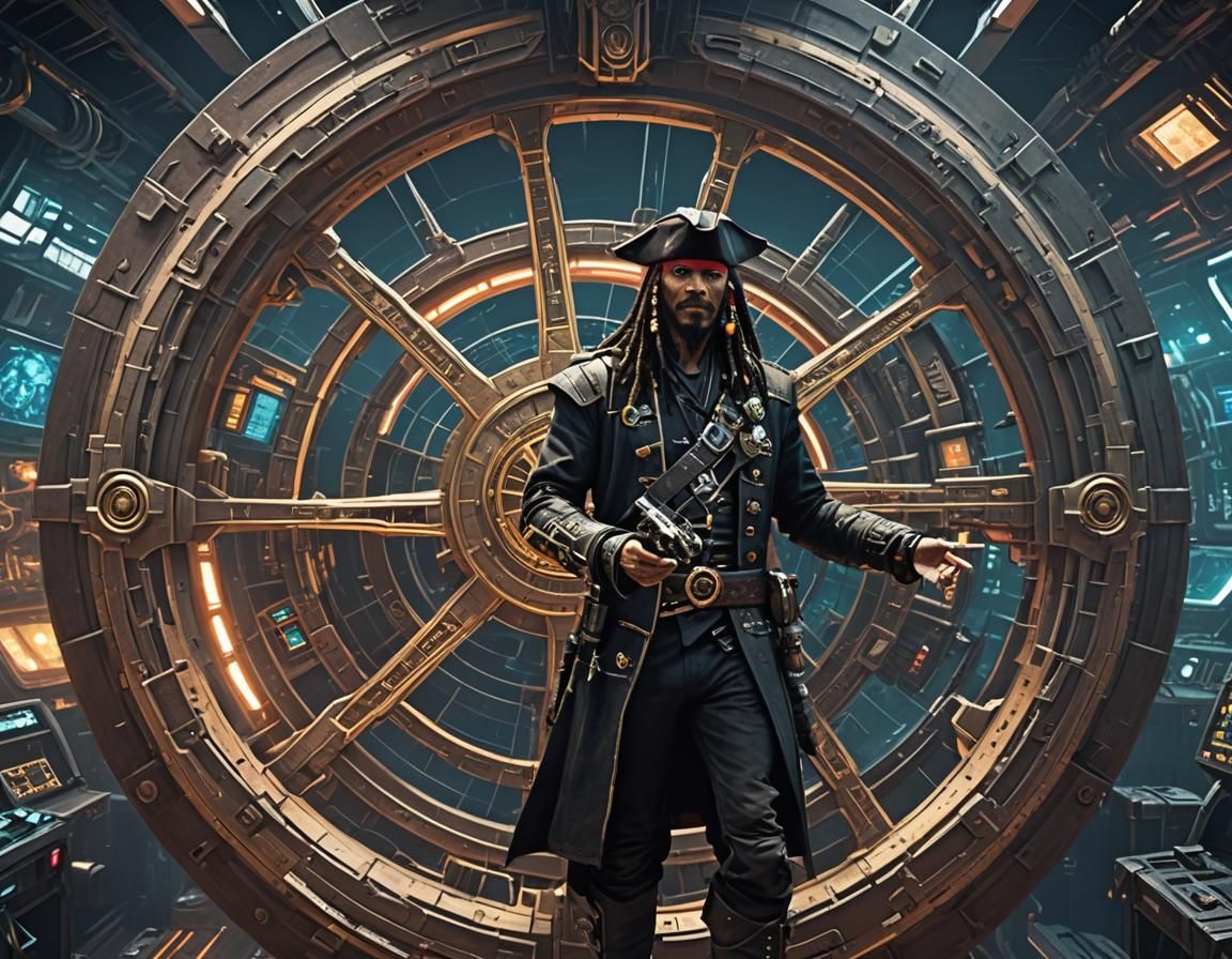 Cyberpunk Pirate Commands Spaceship of the Future