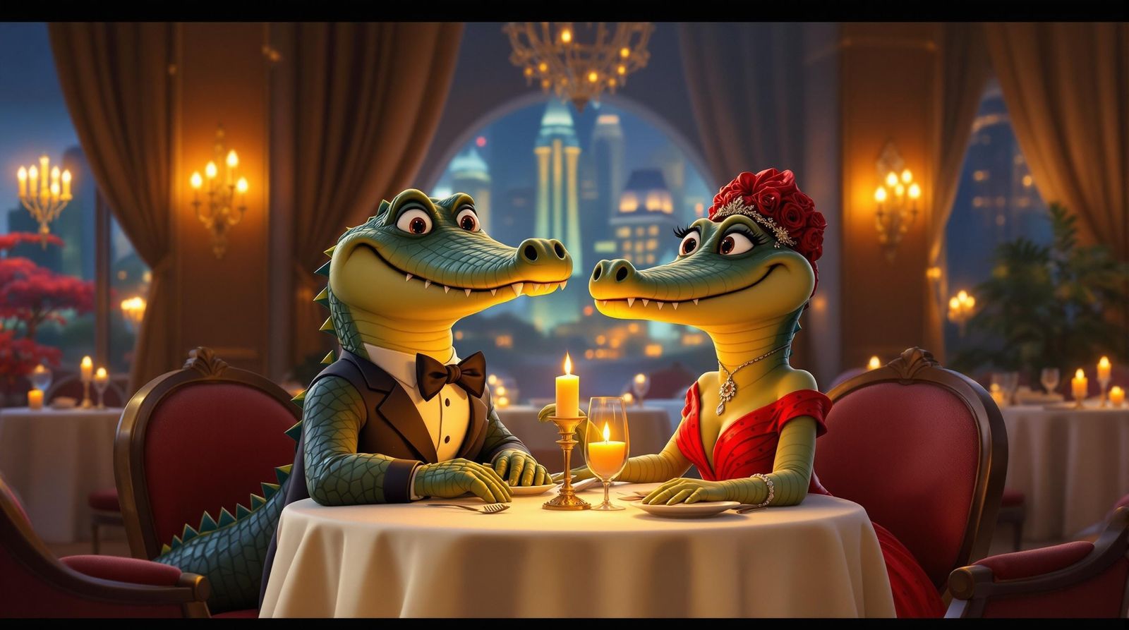 Pixar-Romantic Alligators on Fancy Restaurant Date