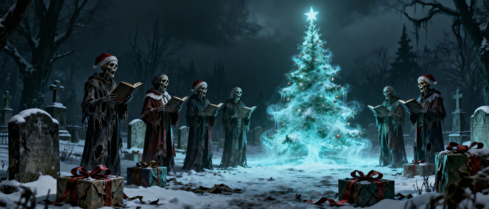 Eerie Undead Carolers Haunt Snowy Graveyard