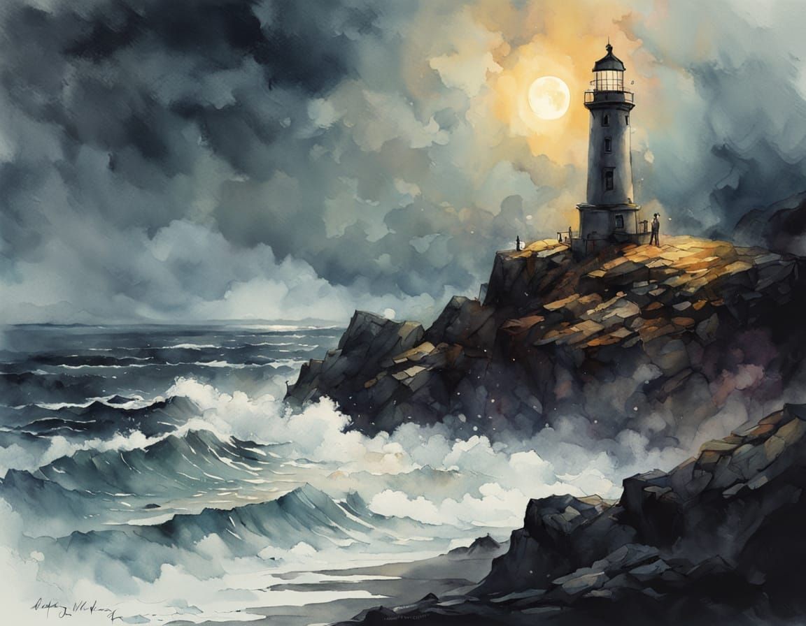 Lighthouse on Cliff in Atmospheric Watercolor Painting