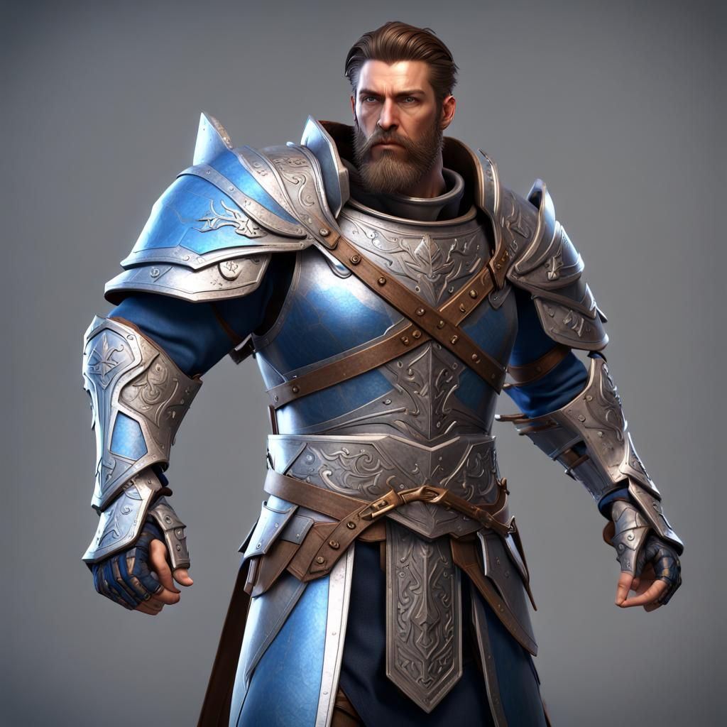 Detailed Paladin in Silver and Blue Armor