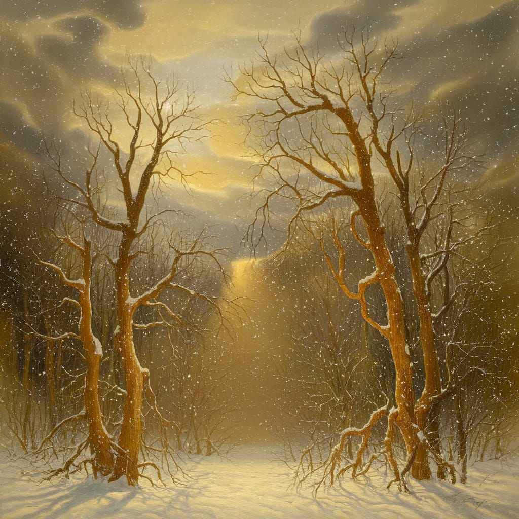 Winter Snowfall in Ancient Forest Oil Painting