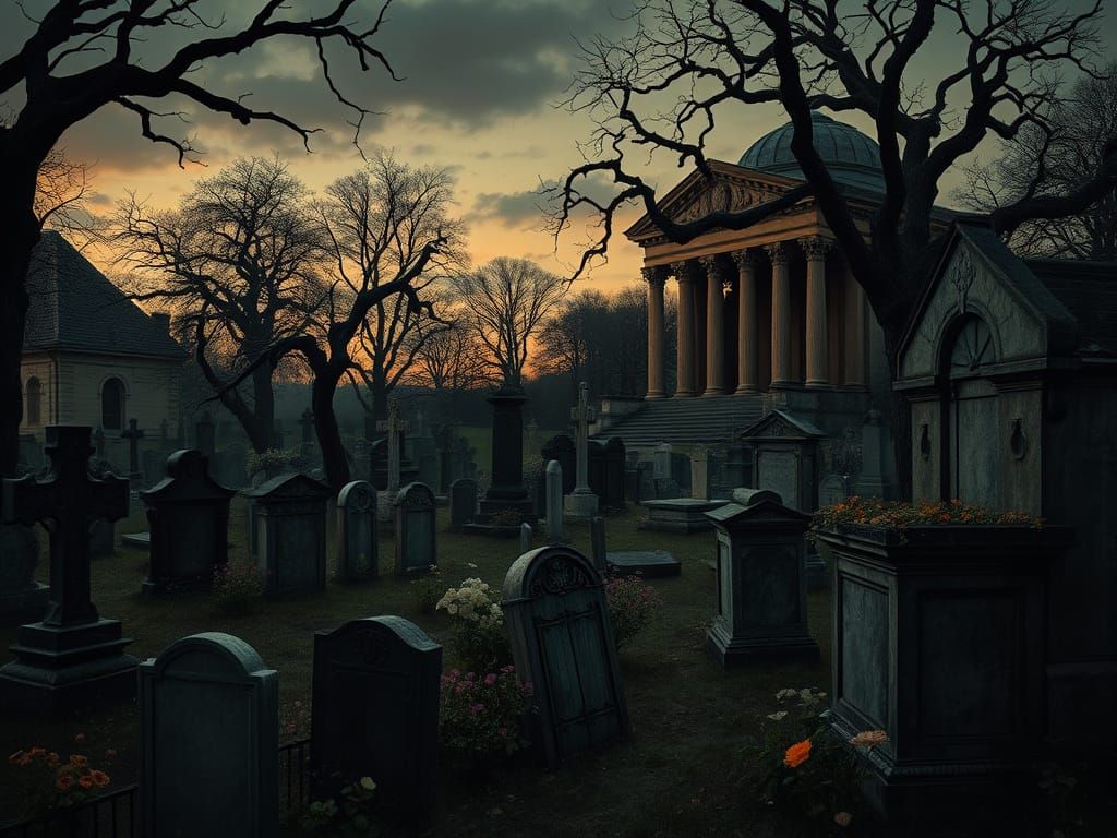 Gothic Graveyard at Dusk with Gnarled Trees and Flowers