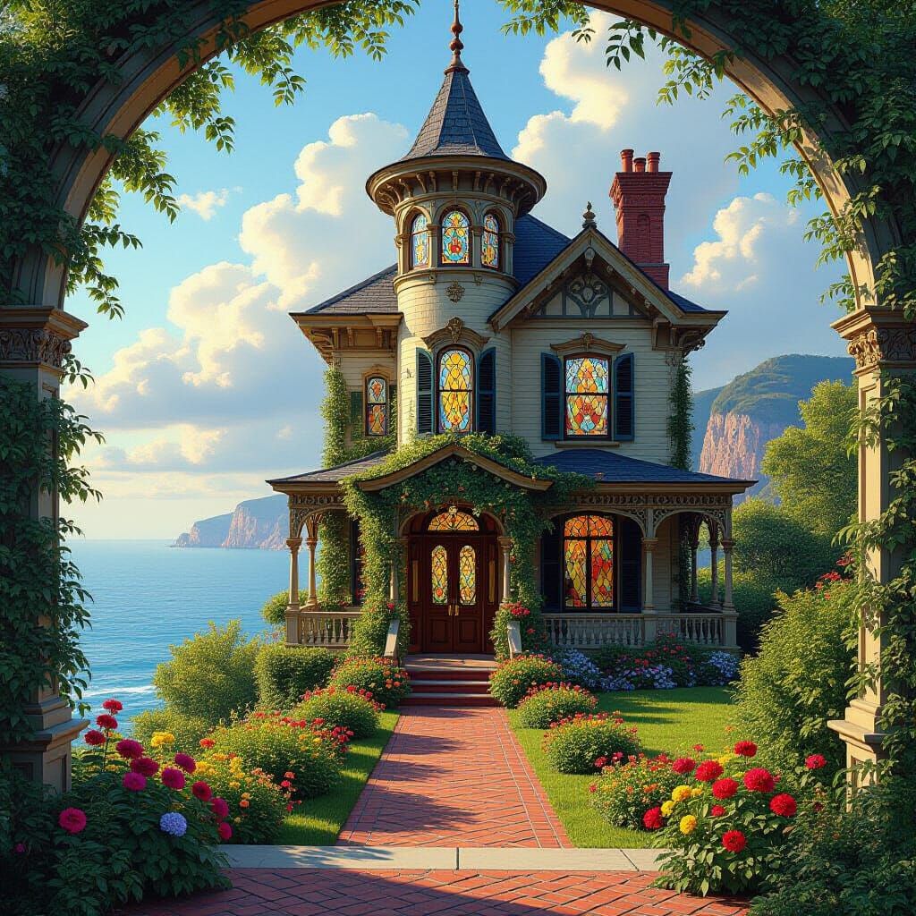 Victorian House with Tower in Pre-Raphaelite Style