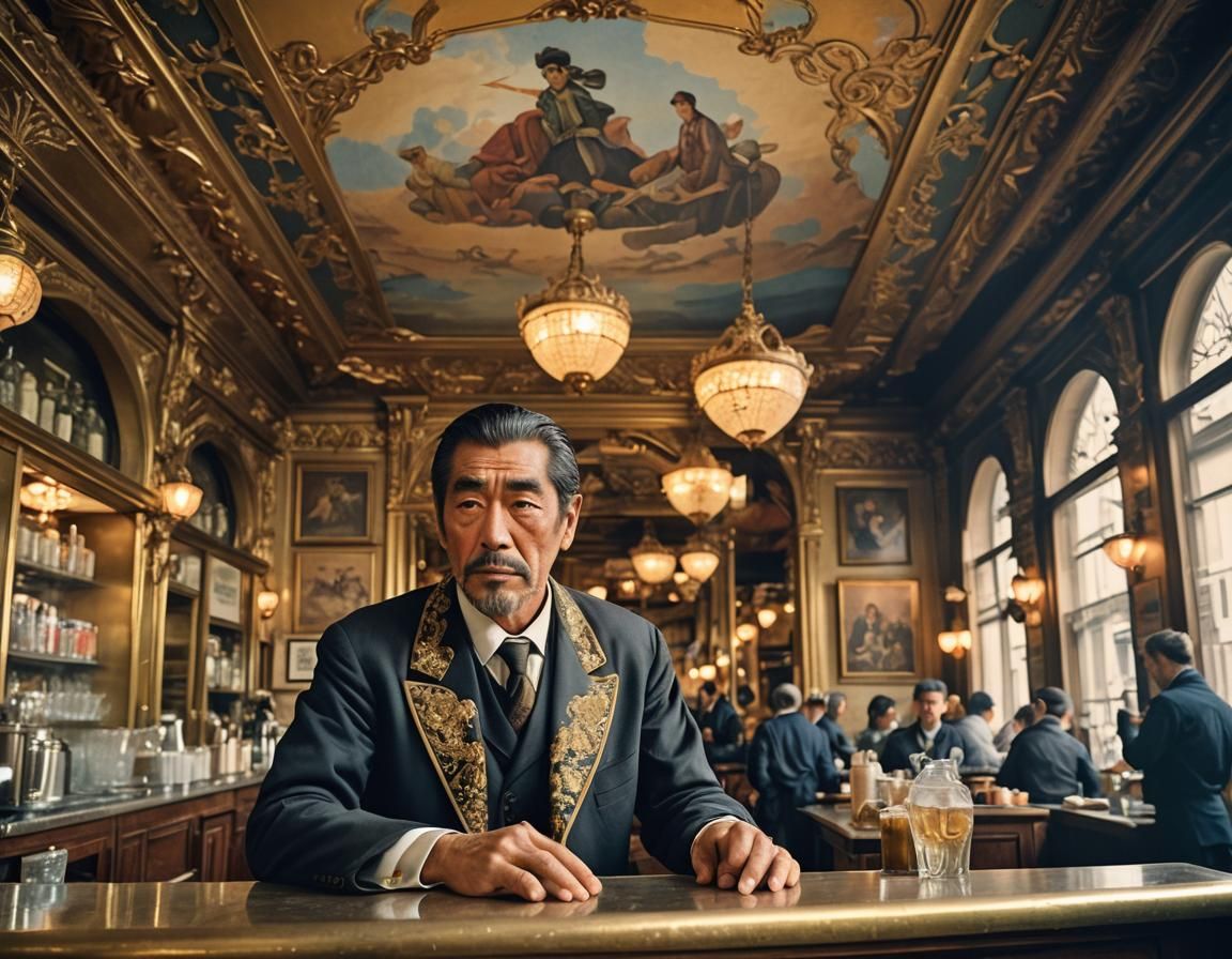 Toshiro Mifune in Art Nouveau Parisian Cafe