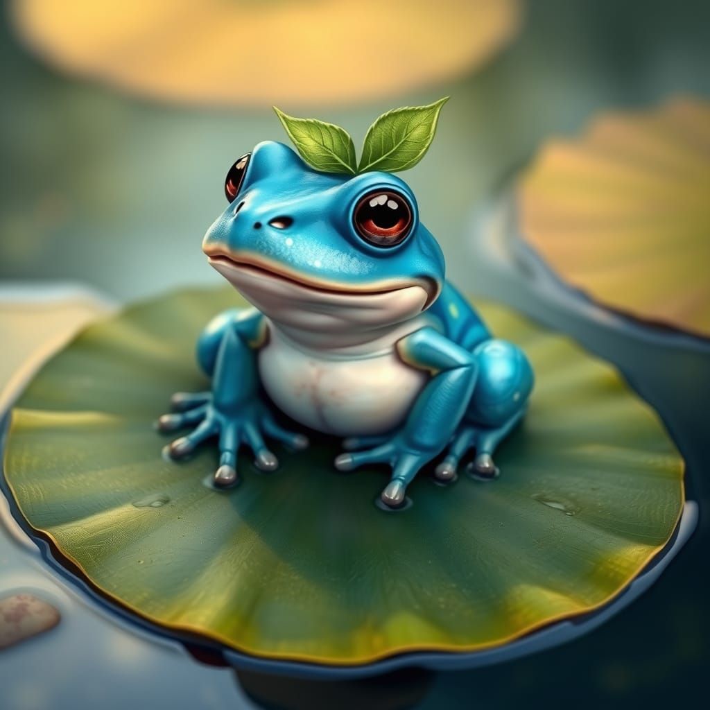 Blue Frog with Leaf Crown on Lily Pad