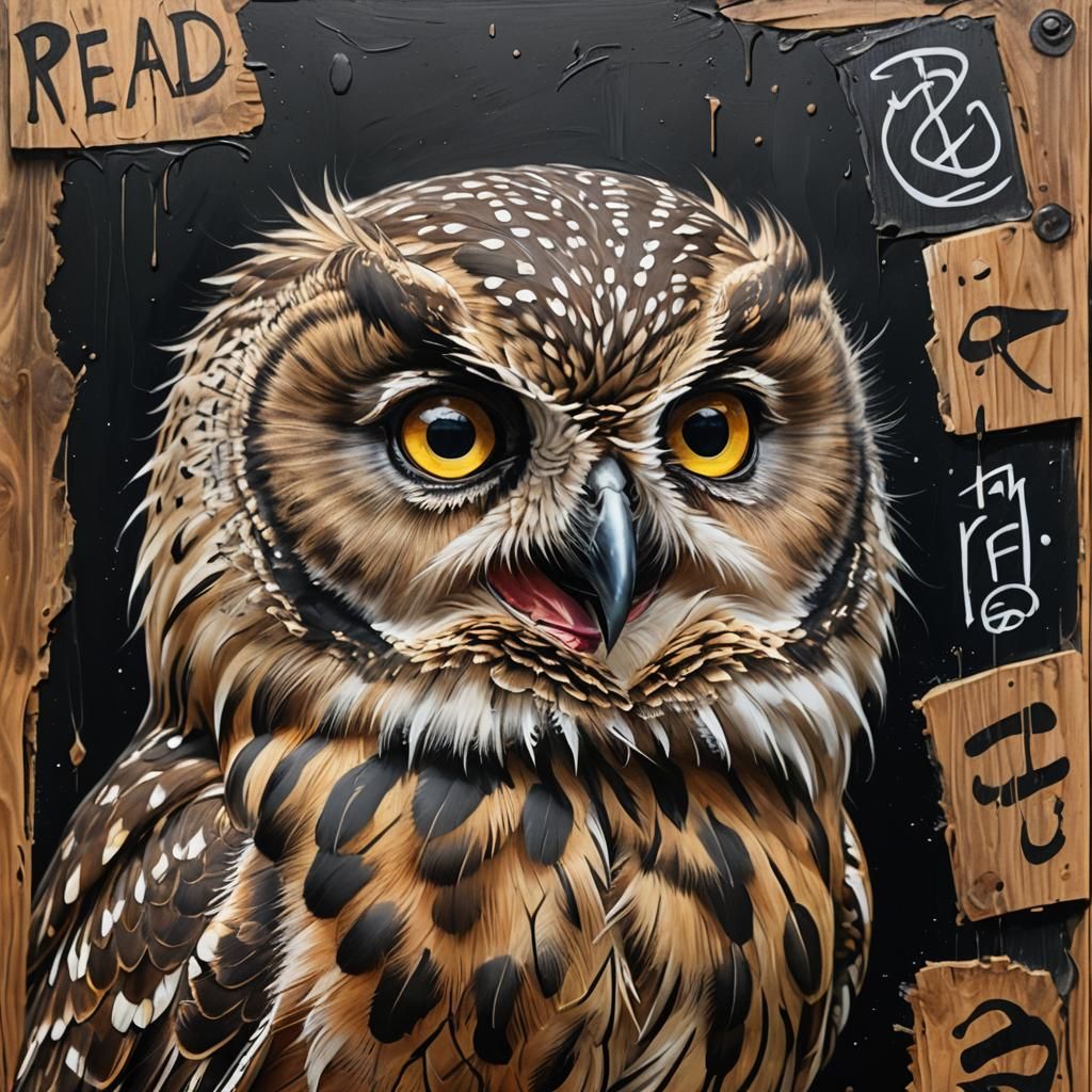 Laughing Owl Portrait with Sign in Oil Painting Style