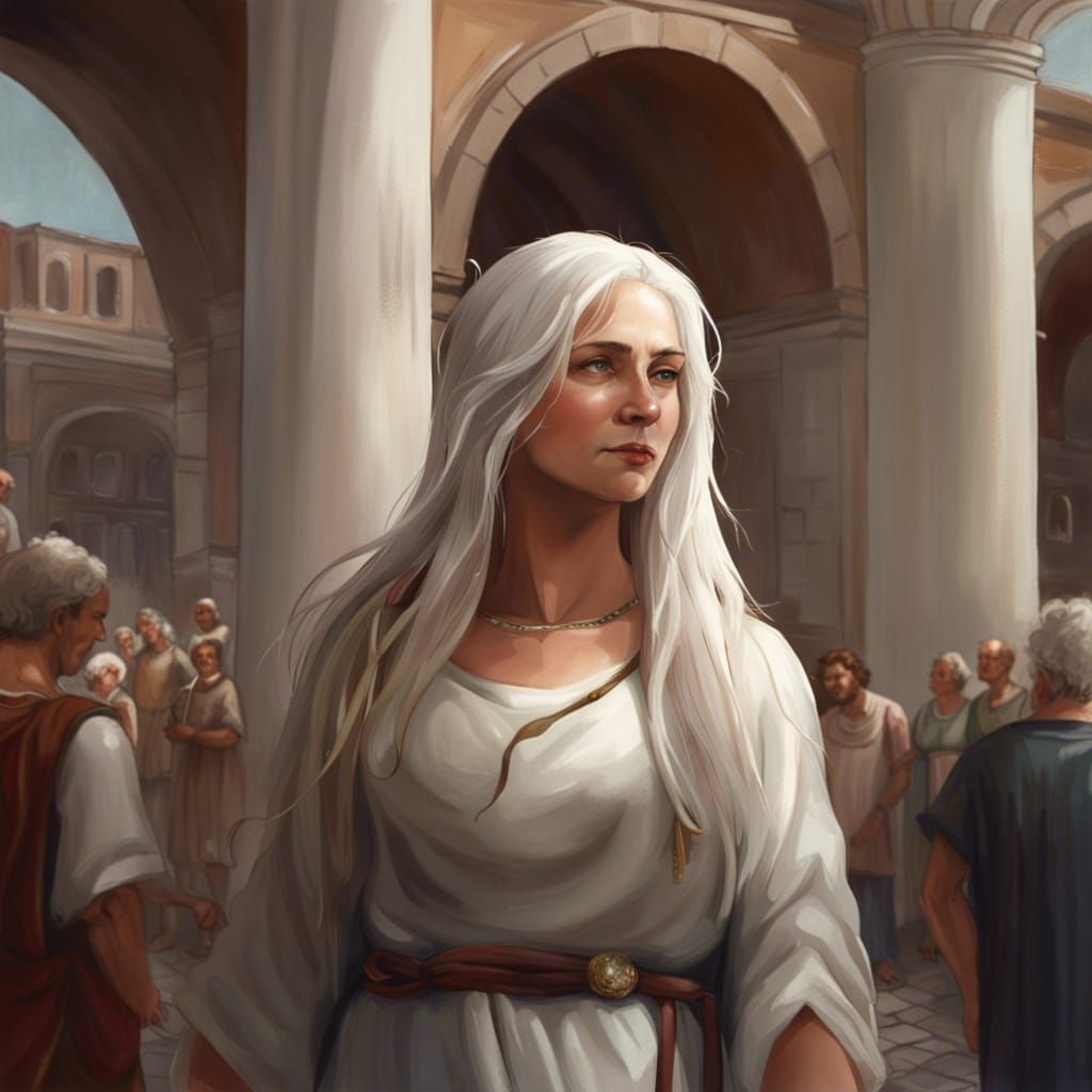 White-Haired Woman at Roman Market Entrance