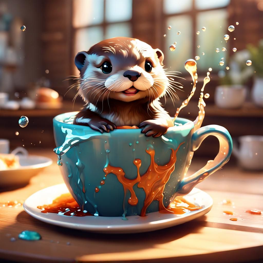 Chibi Otter Splashing in Mug, Art Nouveau Style
