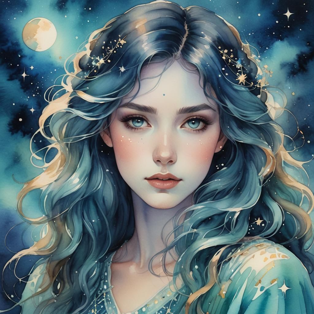 Enchanting Woman Portrait in Watercolor Dreamscape Style