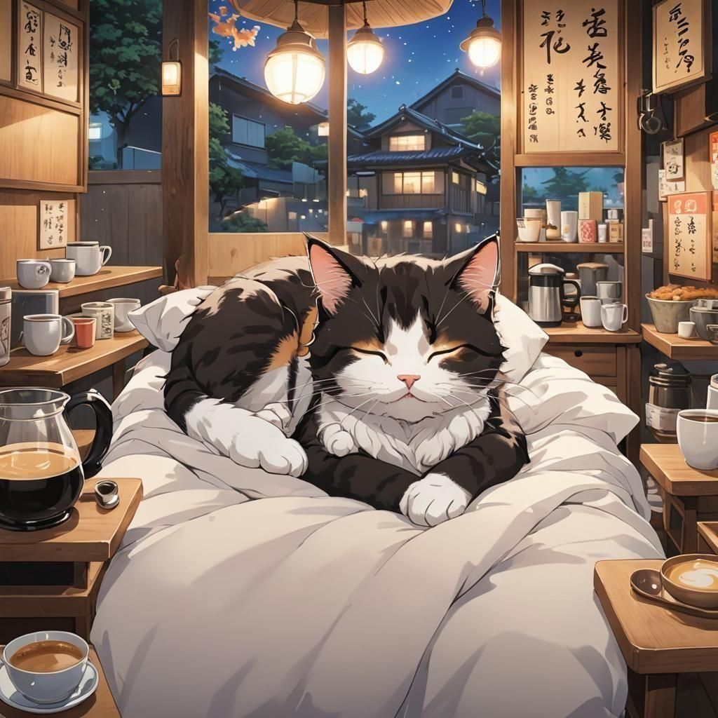 Cute Cartoon Cat Asleep in Anime Coffee Shop