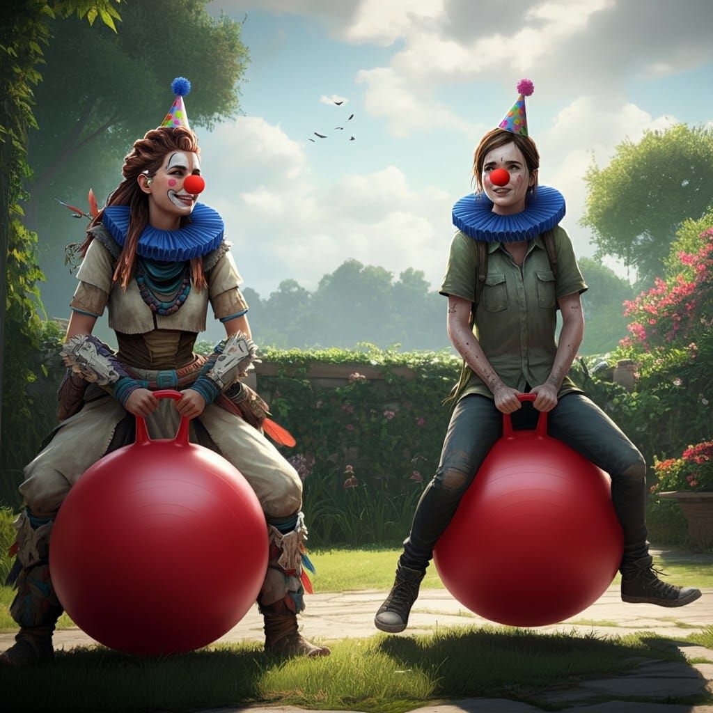 Aloy and Ellie as Clowns Bouncing in a Sunny Backyard