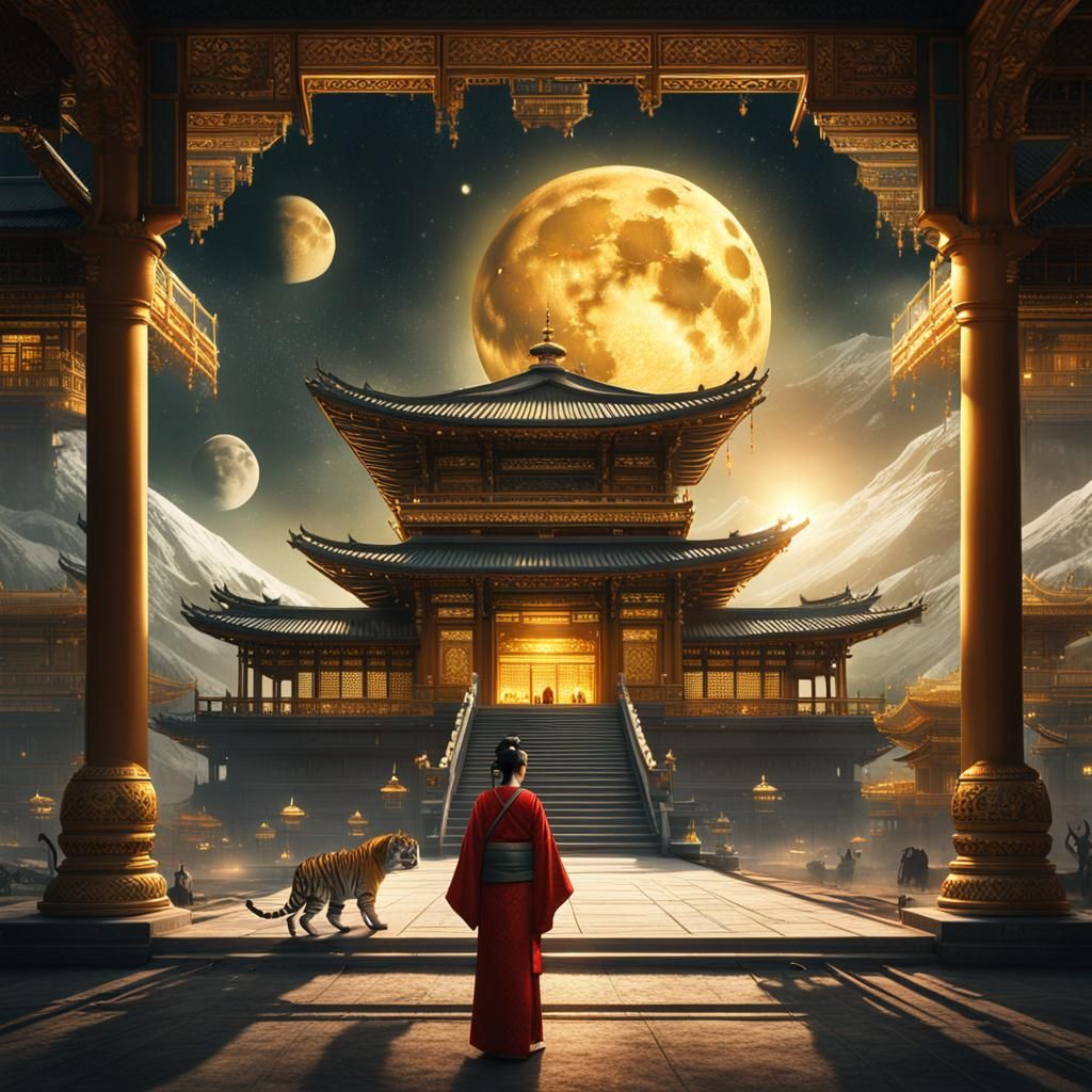 Golden Lunar Temple with Geisha and Tigers