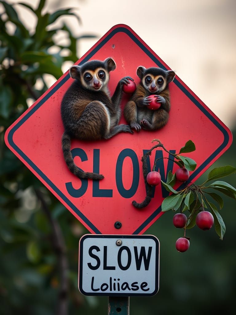 Javan Lorises Eating Plums at Dusk