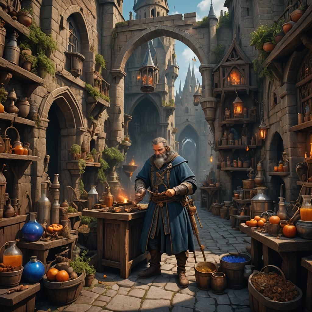 Medieval Alchemist in His Laboratory: Fantasy Concept Art