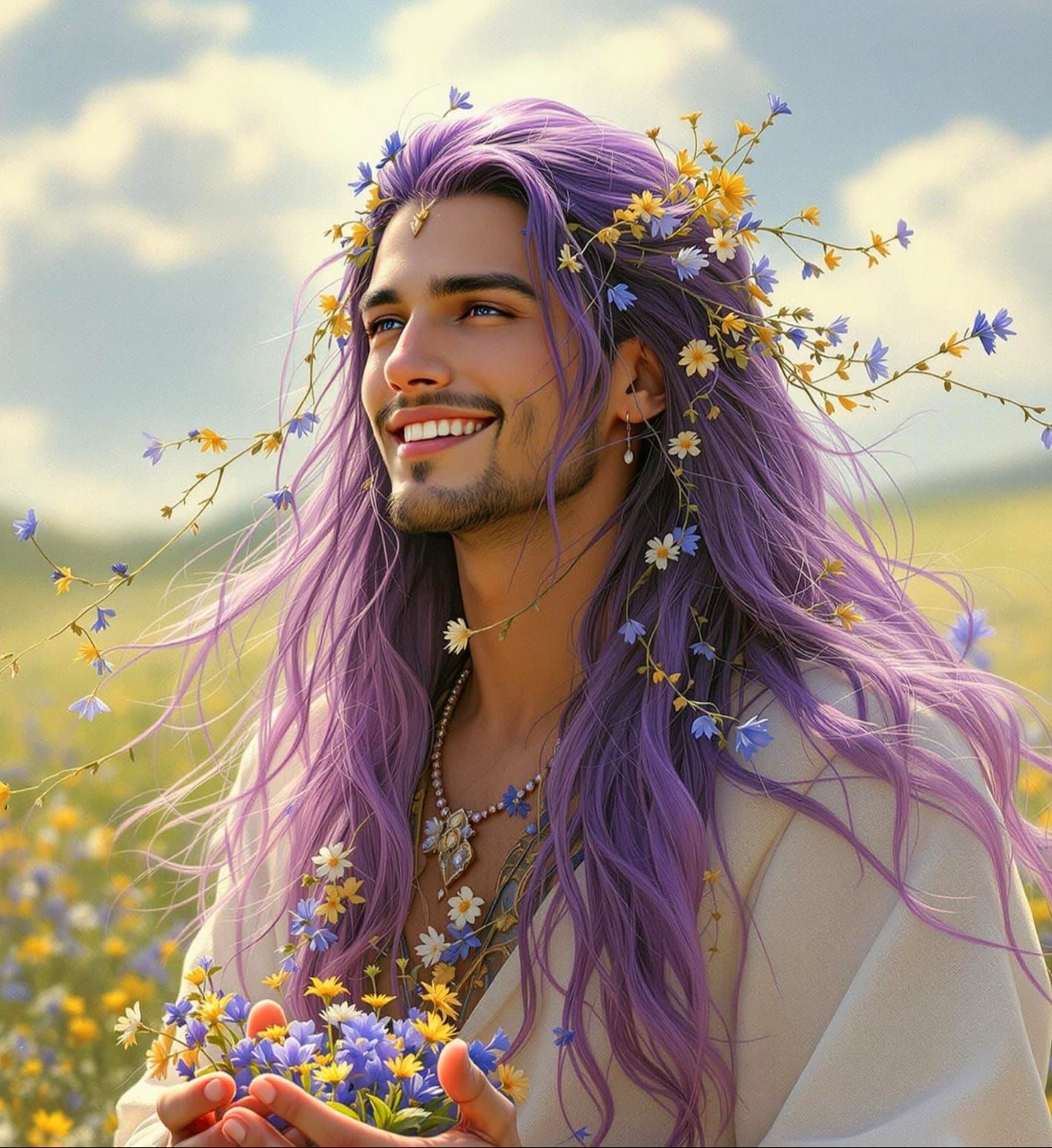 Ethereal Young Man in a Floral Meadow