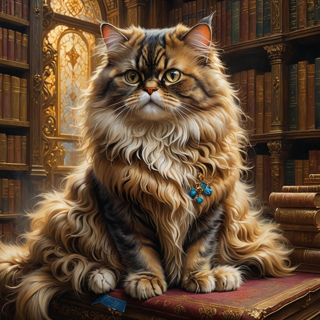 Majestic Persian Cat in Library, Detailed Digital Painting