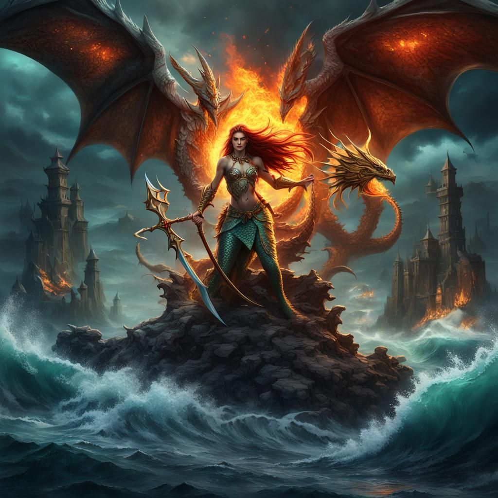 Warrior Mermaid with Dragon Protector in Fantasy Art