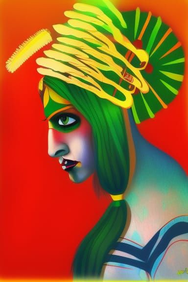 Psychedelic Indian Lady Portrait in Art Deco Style