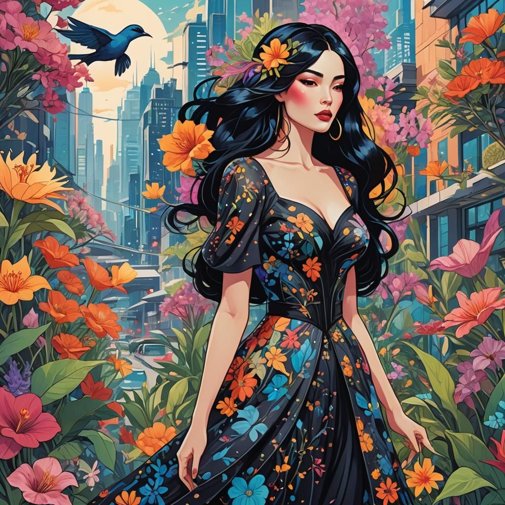Elegant Woman in Futuristic Garden, Graffiti Art Style