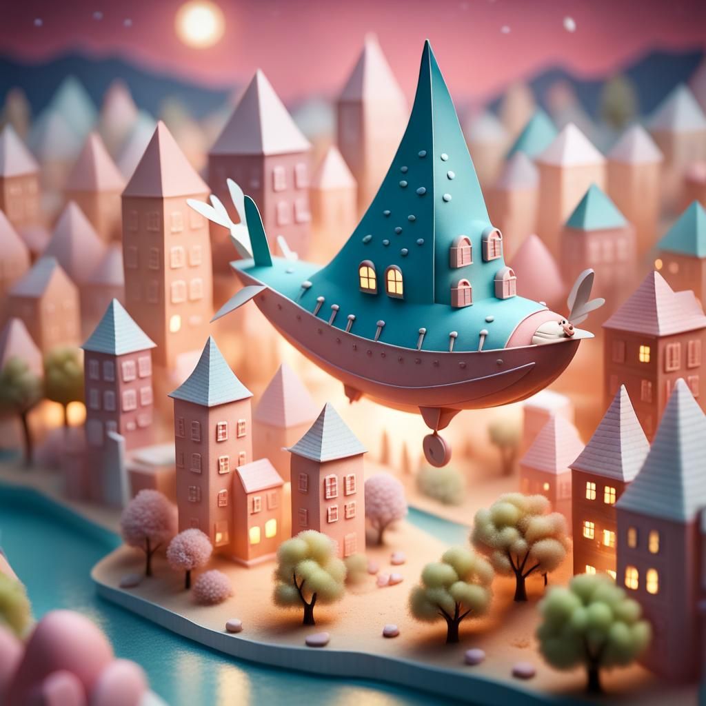 Flying Caravel Over Misty City at Night