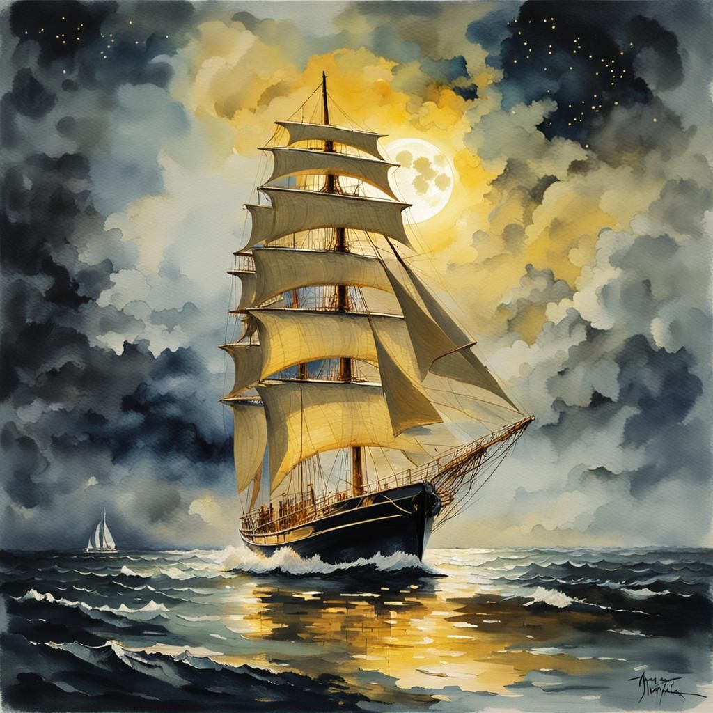 Golden Sailboat Under a Cloudy Moonlit Sky
