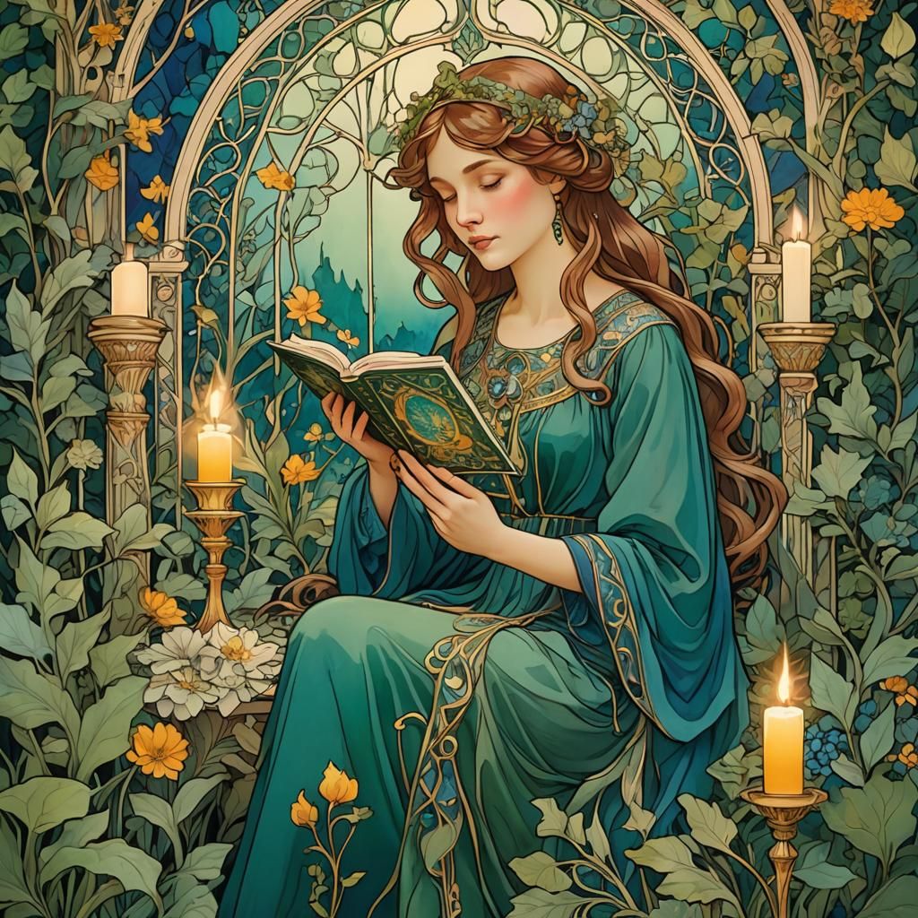 Art Nouveau Woman with Coloring Book in Garden