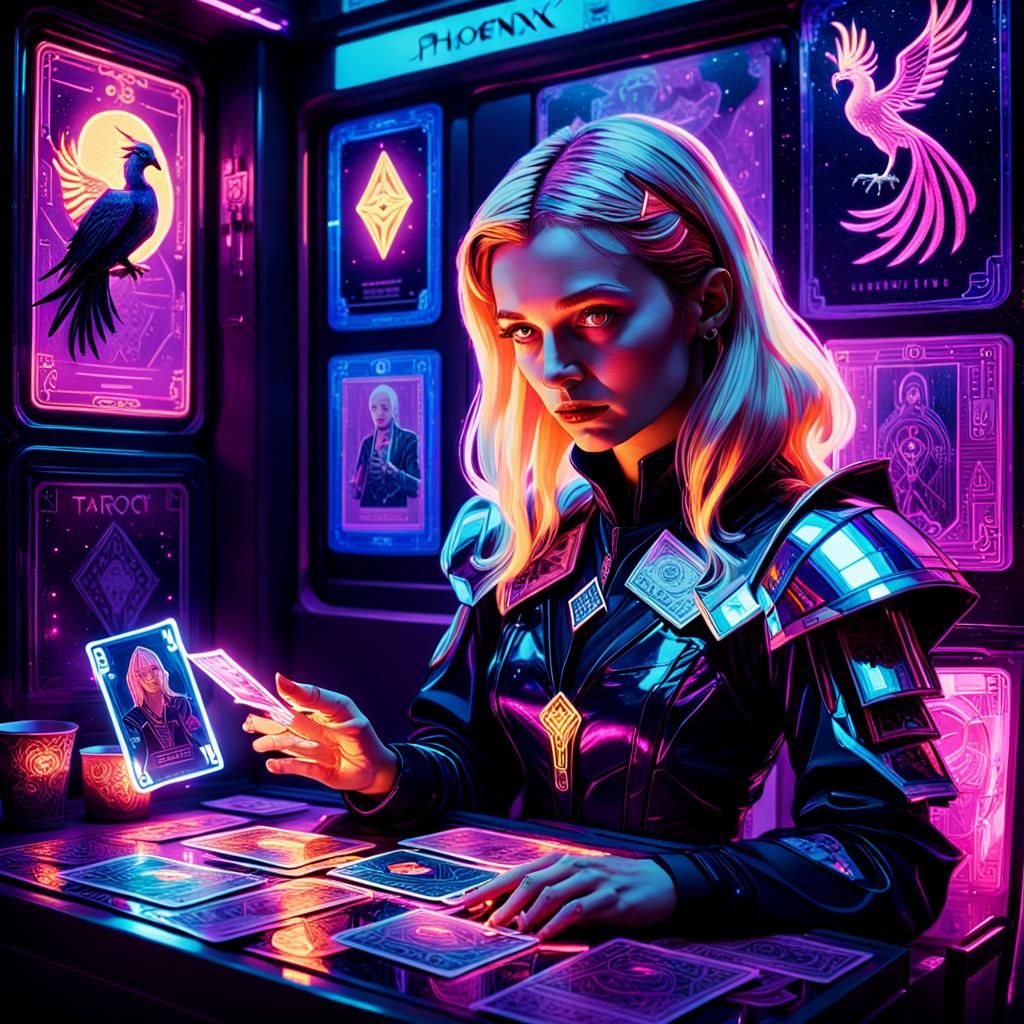 Cyberpunk Tarot Reader with Phoenix