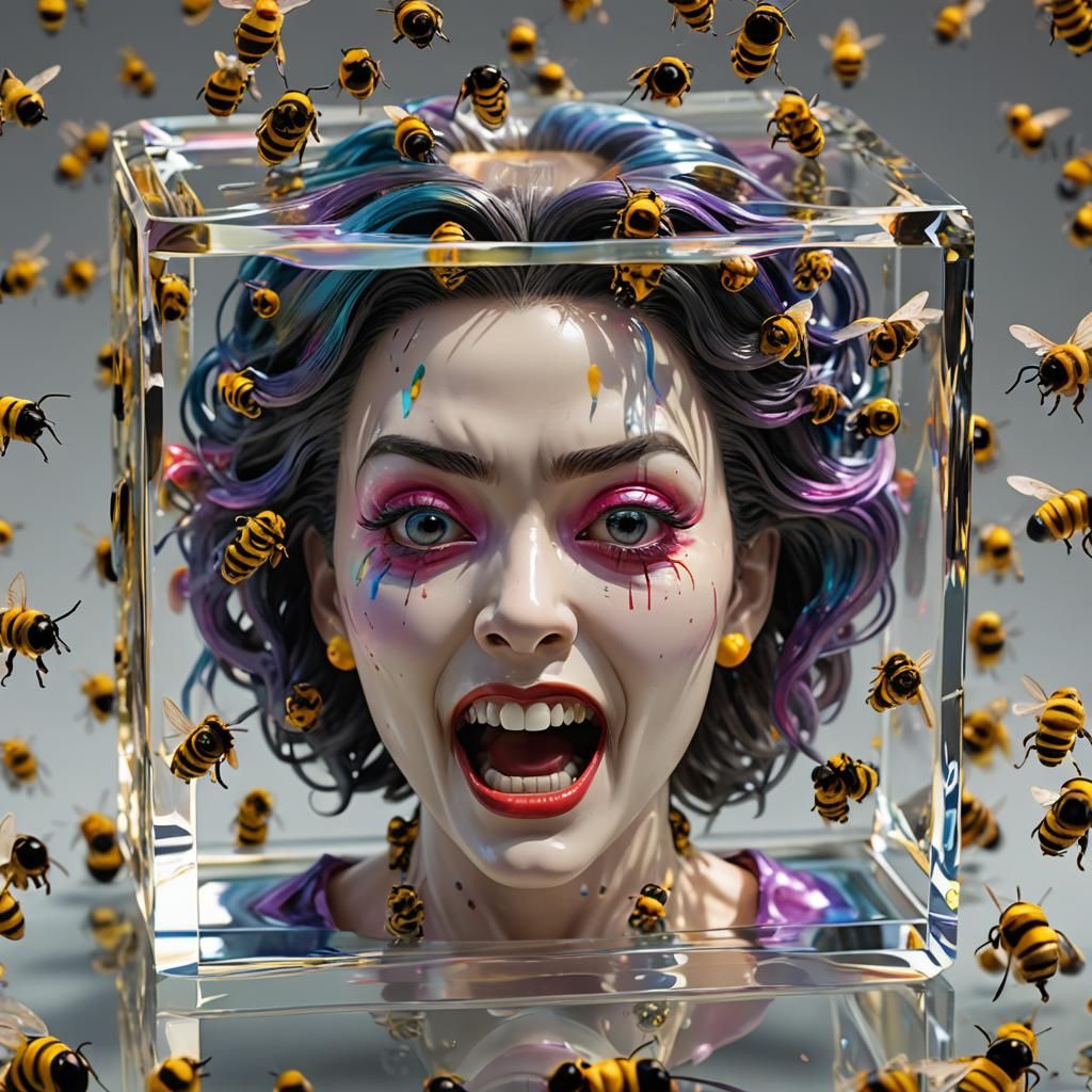 Terrified Actress Figurine in Crystal Cube, Hyperrealistic 3...