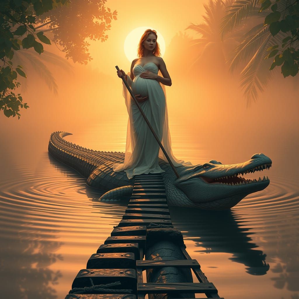 Pregnant Woman on Crocodile in Dreamlike Sunset
