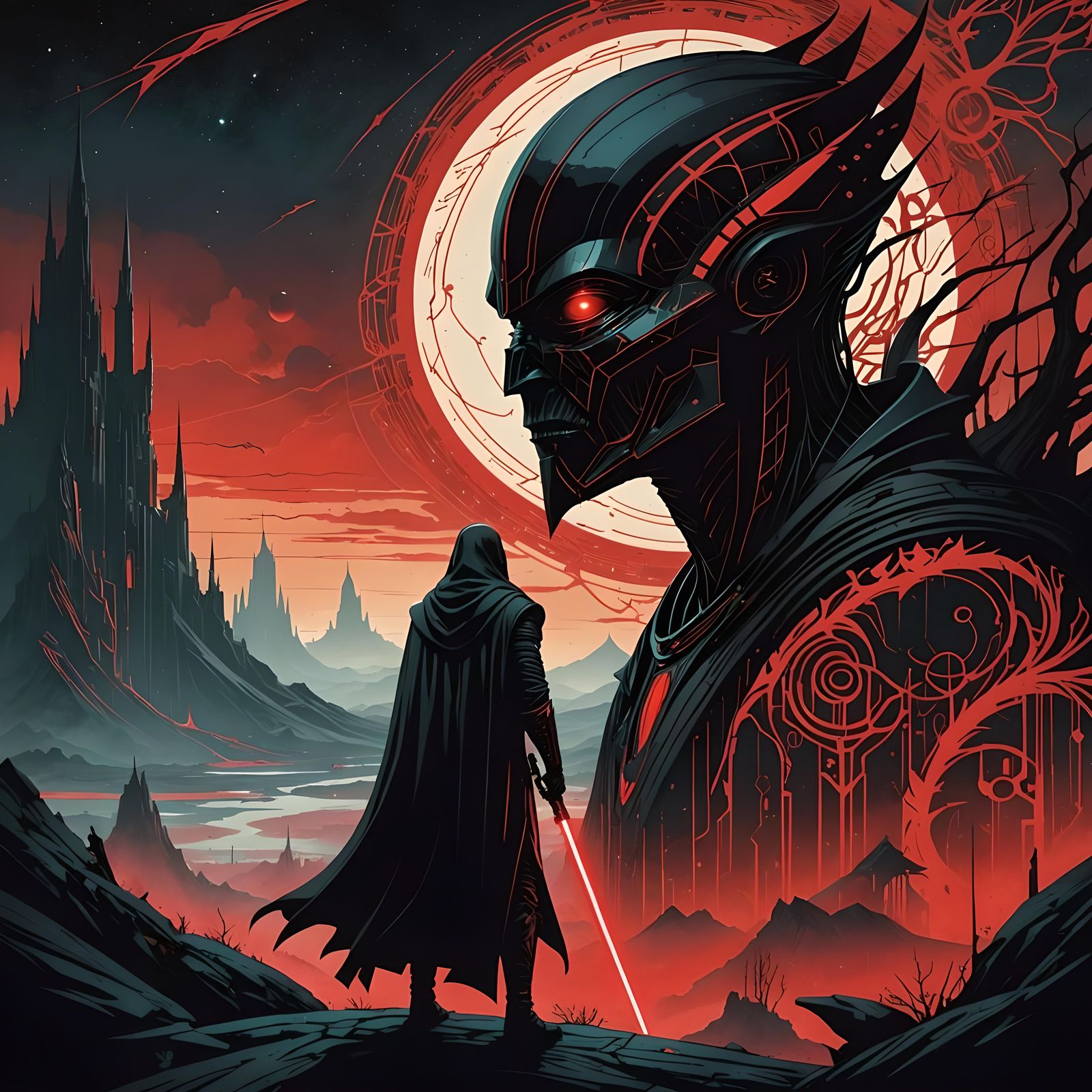 Sith Lord Shadow Figure with Lightsaber in Alien World