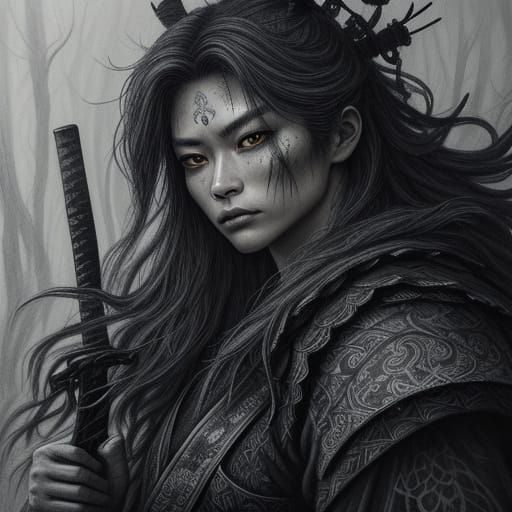 Mystical Female Samurai in Charcoal Ink Illustration