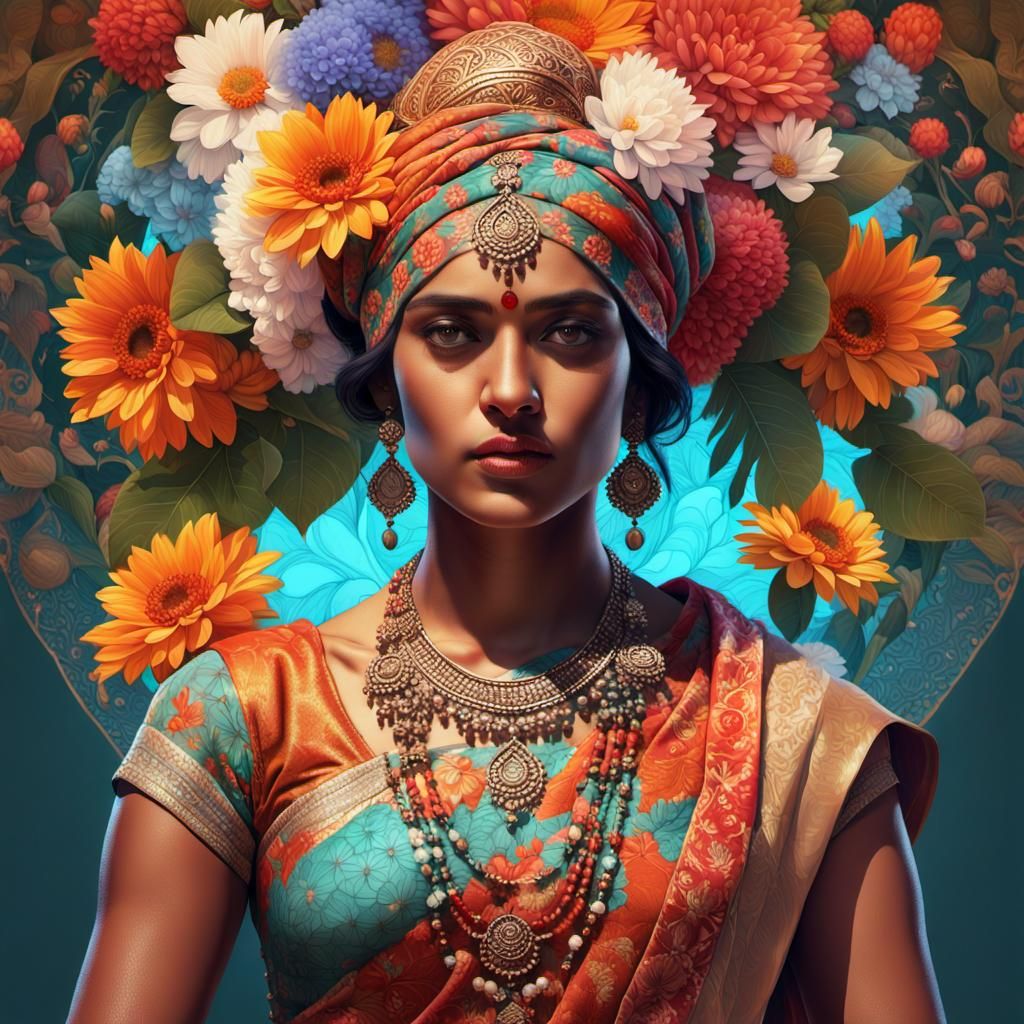 Indian Woman Portrait with Floral Background in Hyperrealism