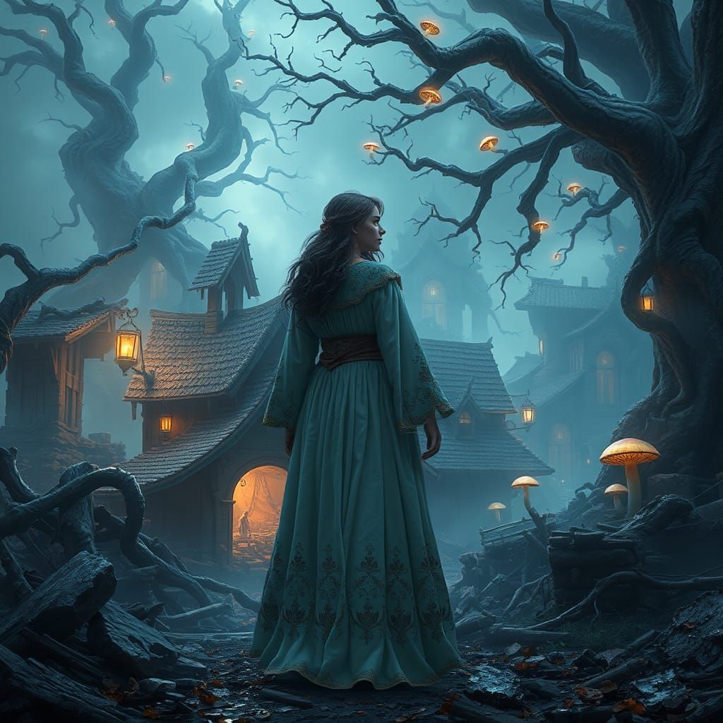 Resilient Woman Amidst Storm-Ravaged Village