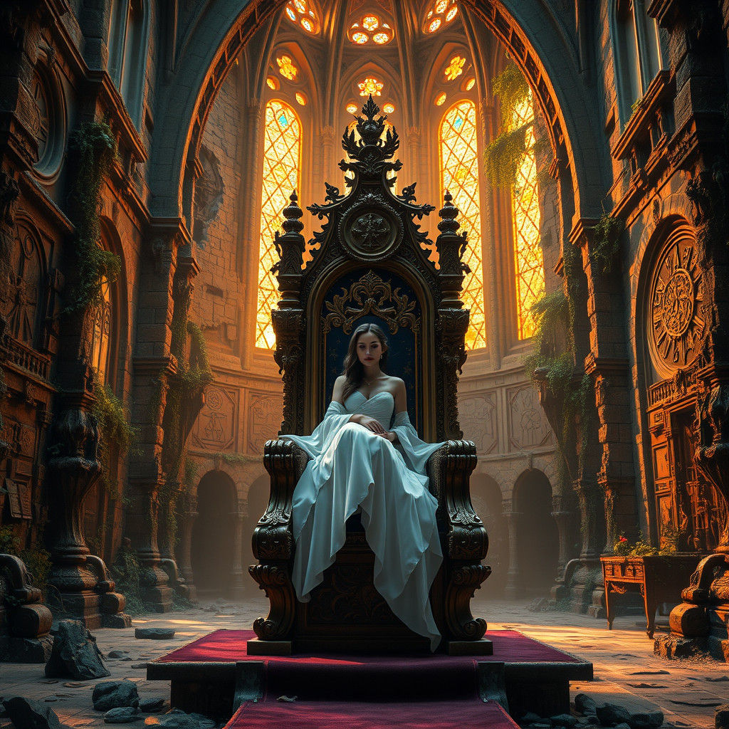 Ethereal Queen in Abandoned Cathedral, Sci-Fi Fantasy