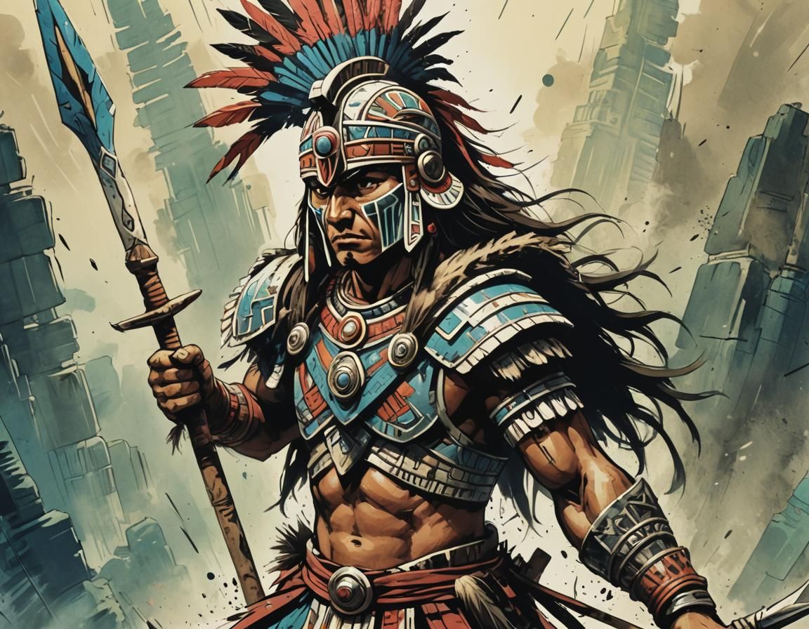 Aztec Warrior with Spear in Anime Comic Style